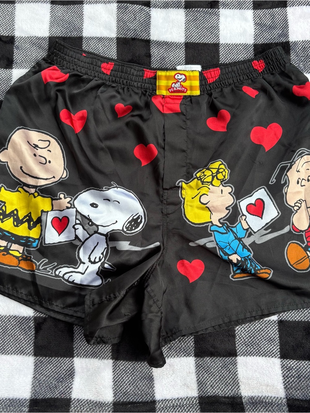 Peanuts Black Shorts/Boxers with Red Heart & Character Print